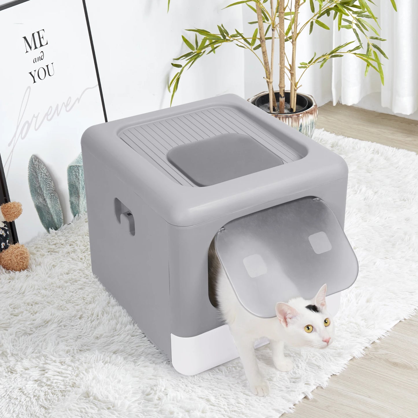 Foldable Enclosed Cat Litter Box With Scoop And Tray
