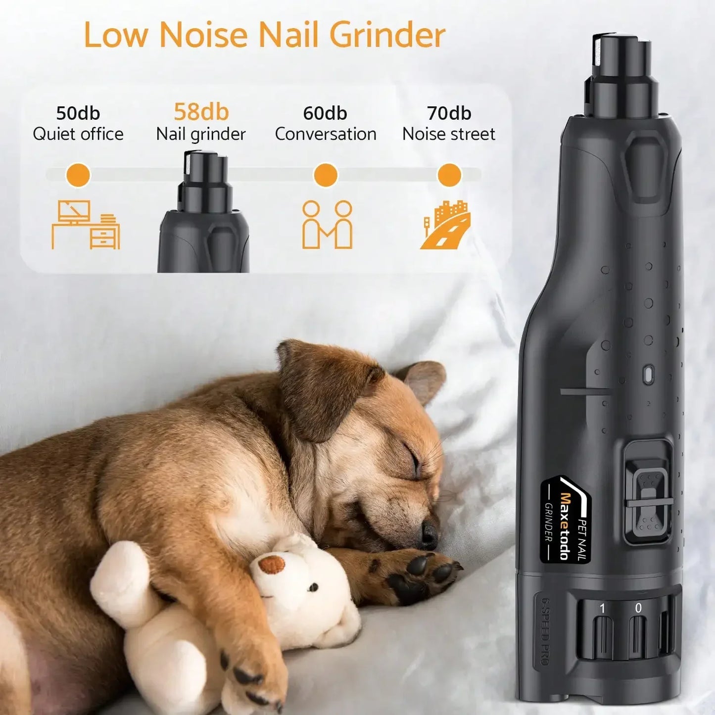 Quiet 6 Speed USB Rechargeable Dog Nail Grinder 2 LEDs