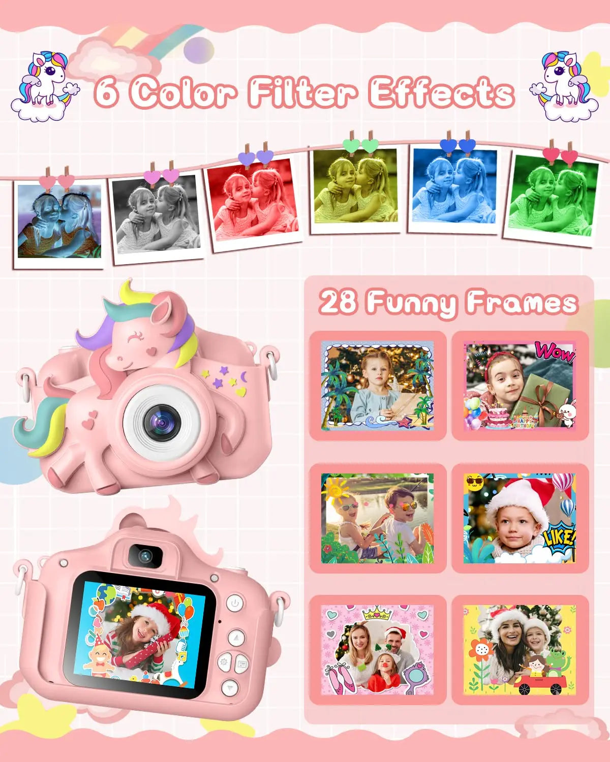 Kid's 2 Inch Cartoon Selfie Camera 20MP 1080P HD Digital Toy With 32GB Card For Girls And Boys