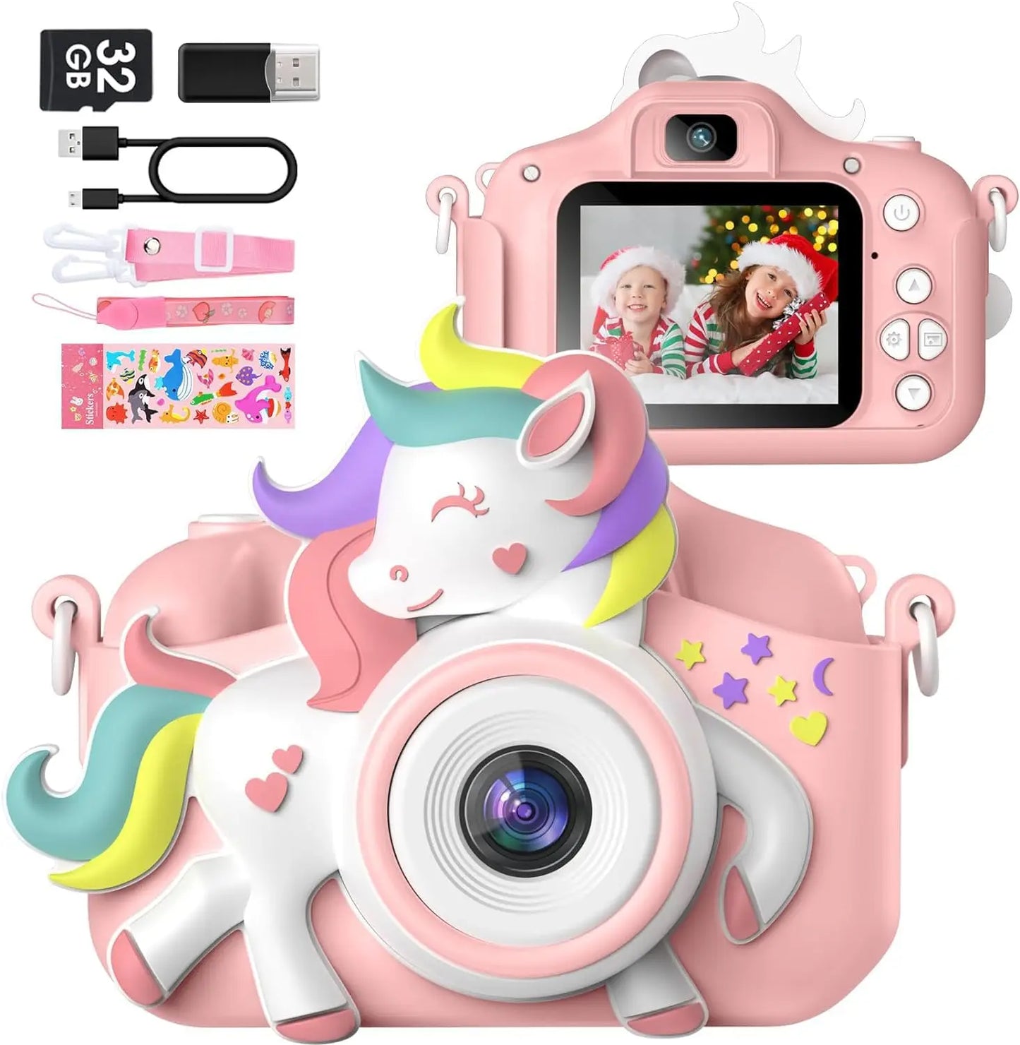 Kid's 2 Inch Cartoon Selfie Camera 20MP 1080P HD Digital Toy With 32GB Card For Girls And Boys
