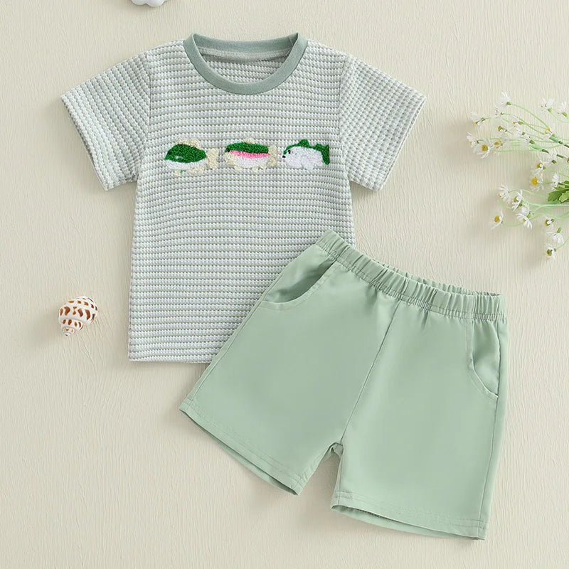 Infant Boy Animal Embroidery Tee and Stylish Plaid Shorts Summer Outfit Set