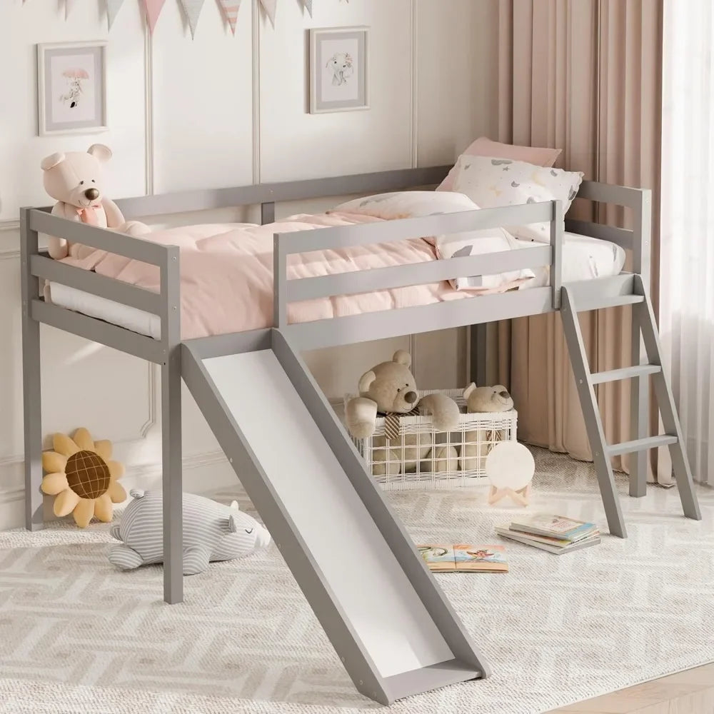 Toddler Loft Bed with Slide Climbing Ladder Safety Guard Rail and Lower Storage Space