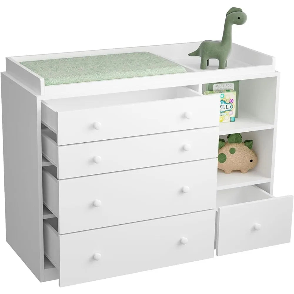 Changing Table Dresser, Baby Classic Nursery Dresser with 5 Drawers and 2 Shelves, Multi-Functional Baby Changing Table - Loving Babies & Pets Shop