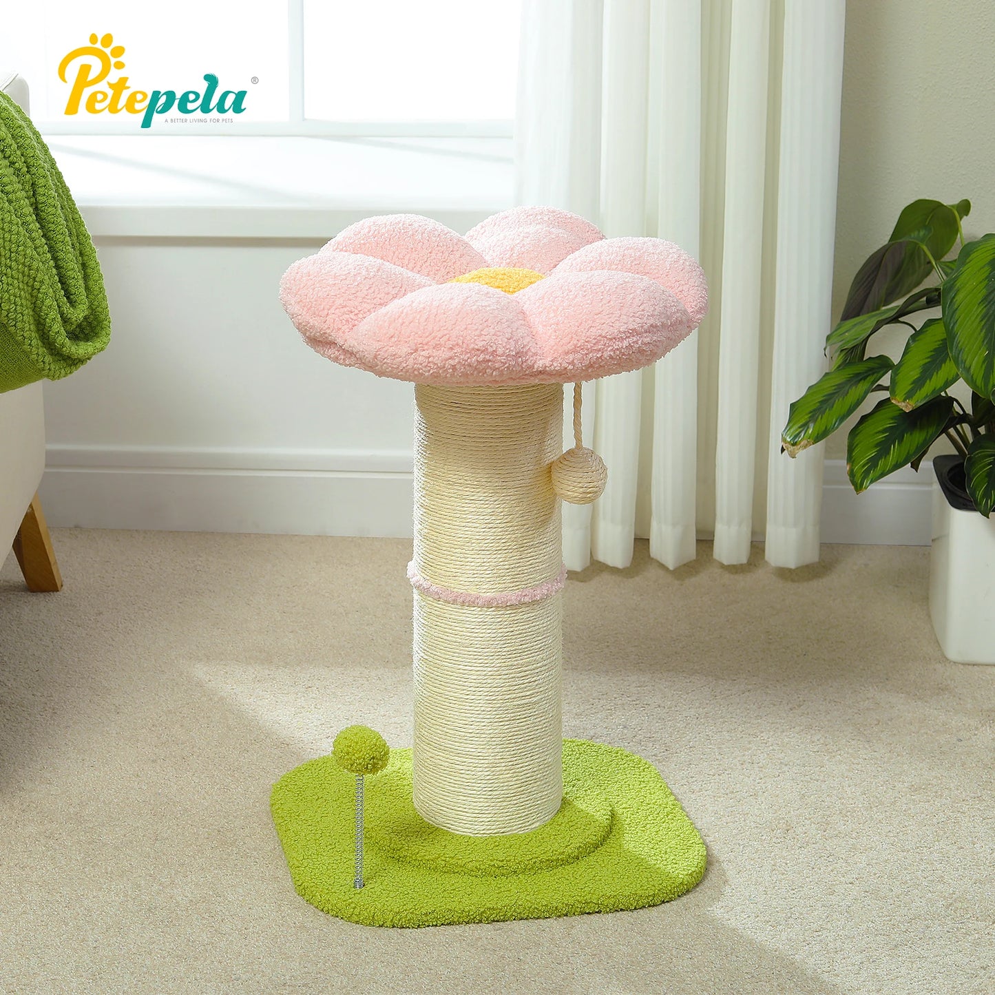 Flower Small Cat Tree Cat Scratching Post for Indoor with Super Thick Natural Sisal Post Pink Stable Removable Perch Mat Balls