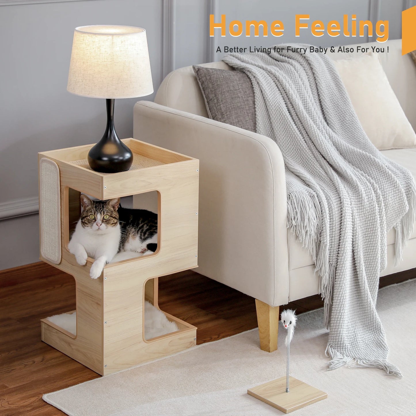 Cat Bed with Two Large Condos Scratching Pad Detachable Scratcher Wooden Cat Condo House with Plush Mats Cat Furniture Cat Toys