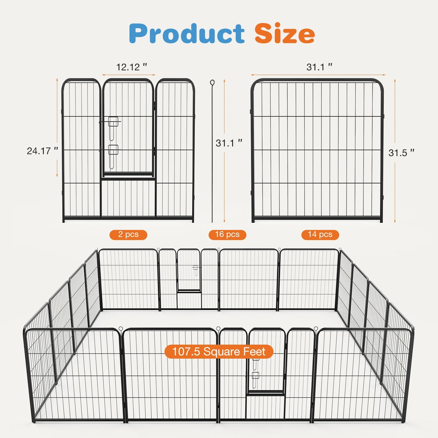 JHK 16 Panel Heavy Duty Dog Playpen Indoor Outdoor Pet Fence with Doors for Exercise