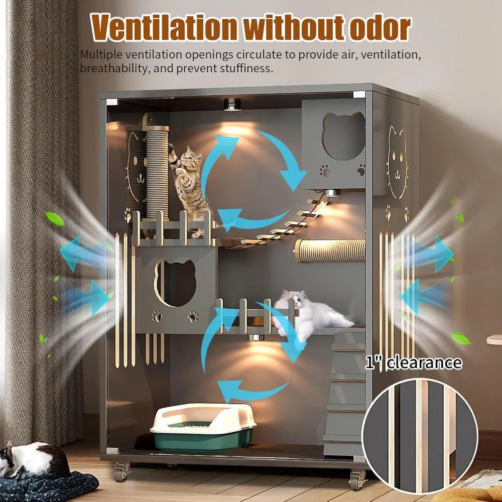 Large Enclosed Cat Condo Wooden Cat Villa Indoor Outdoor Enclosure with Wheels