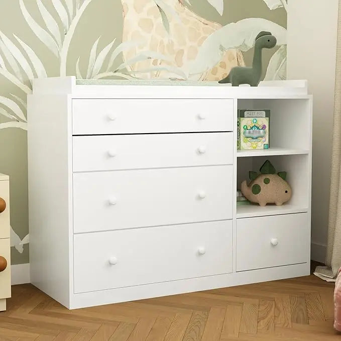 Changing Table Dresser, Baby Classic Nursery Dresser with 5 Drawers and 2 Shelves, Multi-Functional Baby Changing Table - Loving Babies & Pets Shop