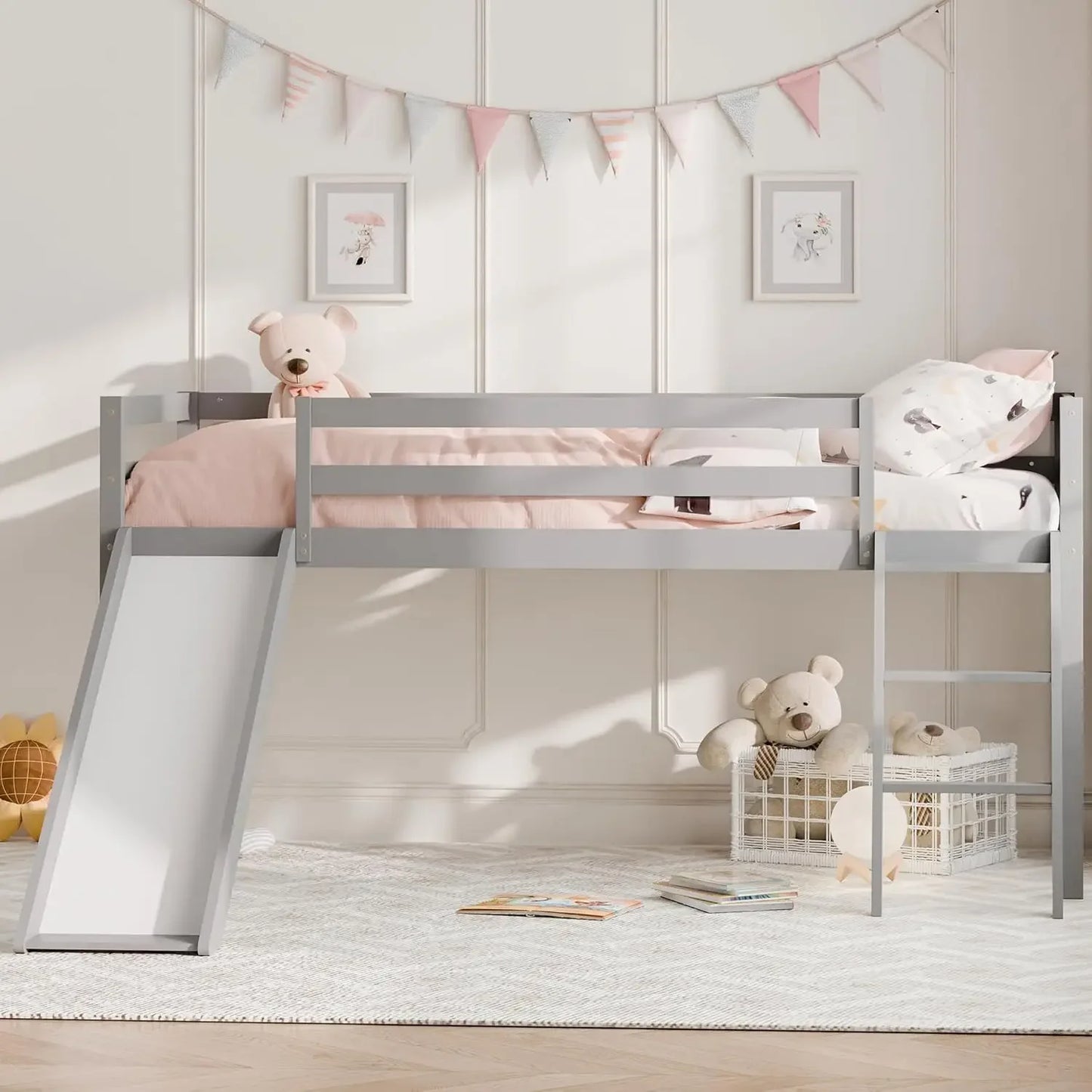 Toddler Loft Bed with Slide Climbing Ladder Safety Guard Rail and Lower Storage Space