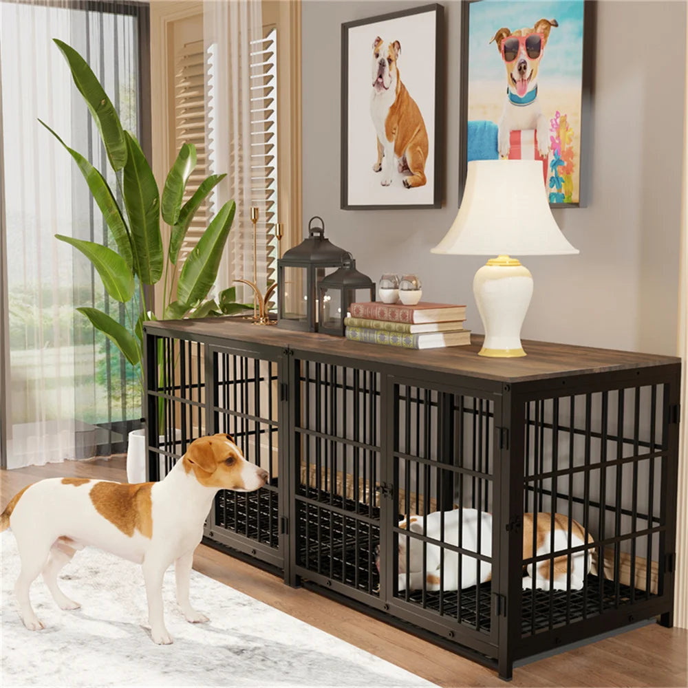 Large Wooden Dog Crate Indoor Furniture Style Elevated Pet Dog Cage Kennel End Table Lattice Playpen with 3 Doors Removable Tray - Loving Babies & Pets Shop