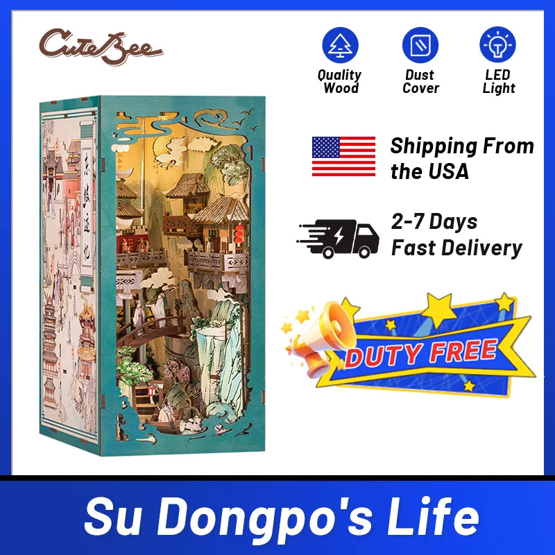 CUTEBEE Antiquity Book Nook Chinese Style Doll House Kit with Touch Light Dust Cover Bookshelf Insert Toy Su Dongpo's Life - Loving Babies & Pets Shop