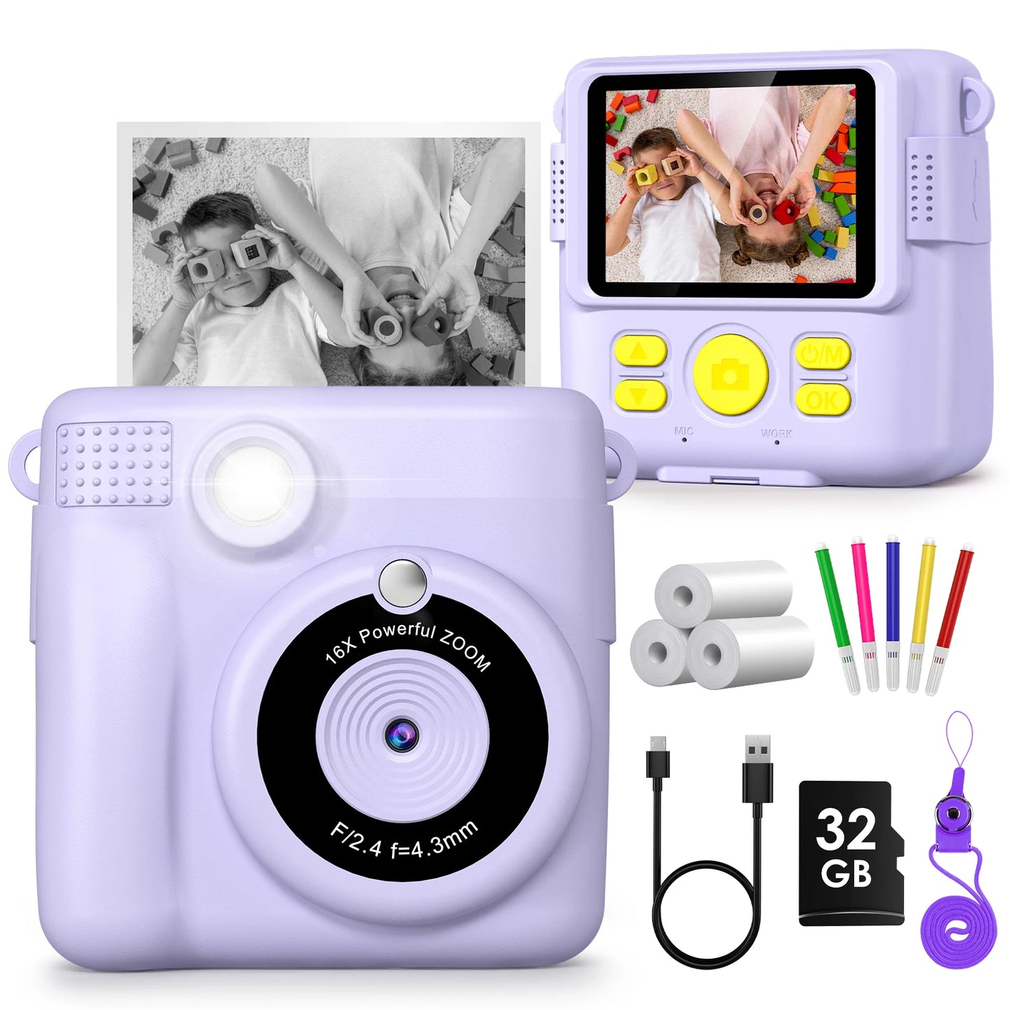 Kids Digital Camera 1080P HD Instant Print Camera Portable Camera Toy with 32GB Card Gift For Boys Girls 3-12 - Loving Babies & Pets Shop