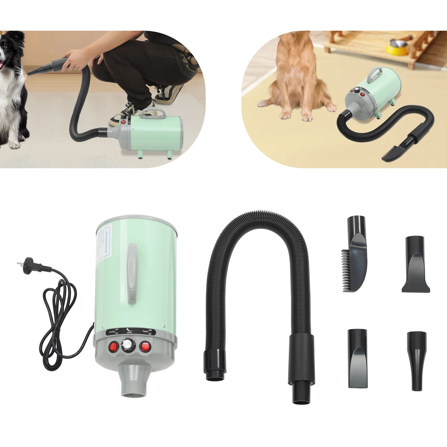 2200W Pet Hair Dryer Adjustable Wind Speed 4 Nozzles