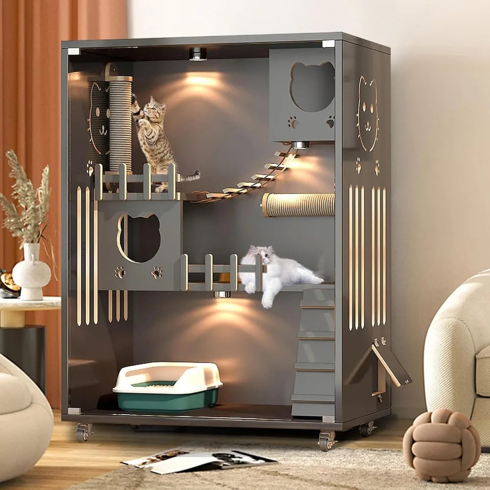 Large Enclosed Cat Condo Wooden Cat Villa Indoor Outdoor Enclosure with Wheels