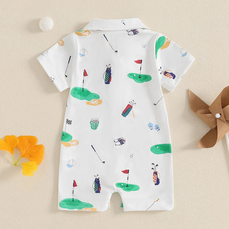 Unisex Infant Golf Romper with Half Button-up Lapel Neck and Short Sleeves for Boys and Girls