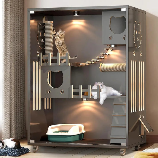 Large Enclosed Cat Condo Wooden Cat Villa Indoor Outdoor Enclosure with Wheels