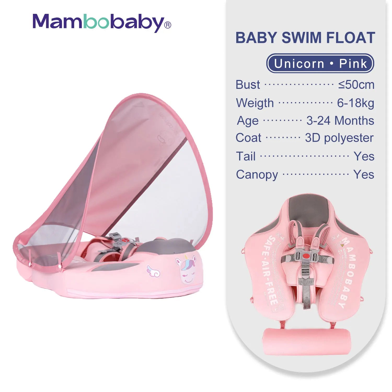 Mambobaby Baby Float with Sunshade Canopy and Crotch Strap Inflatable-free Safe Core Swimming Pool Accessory Bathroom Water Toy - Loving Babies & Pets Shop