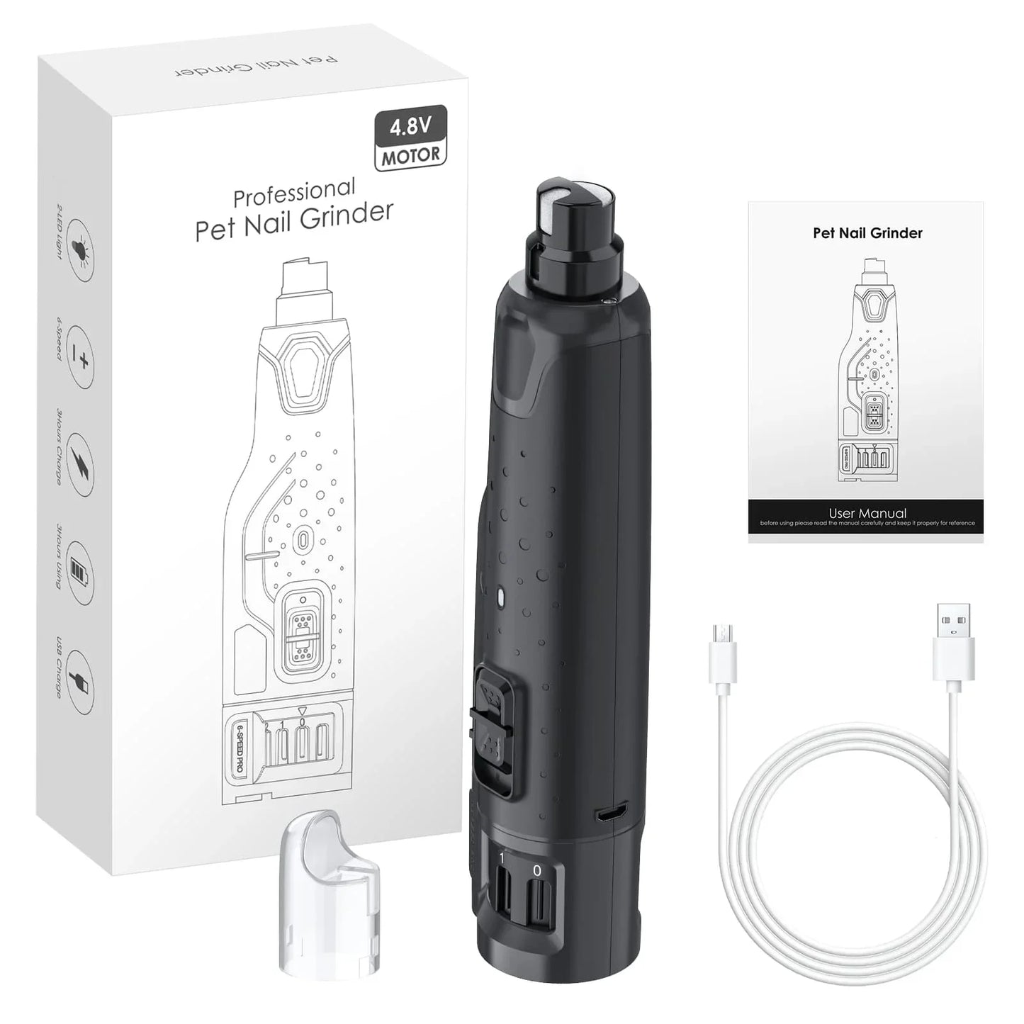 Quiet 6 Speed USB Rechargeable Dog Nail Grinder 2 LEDs