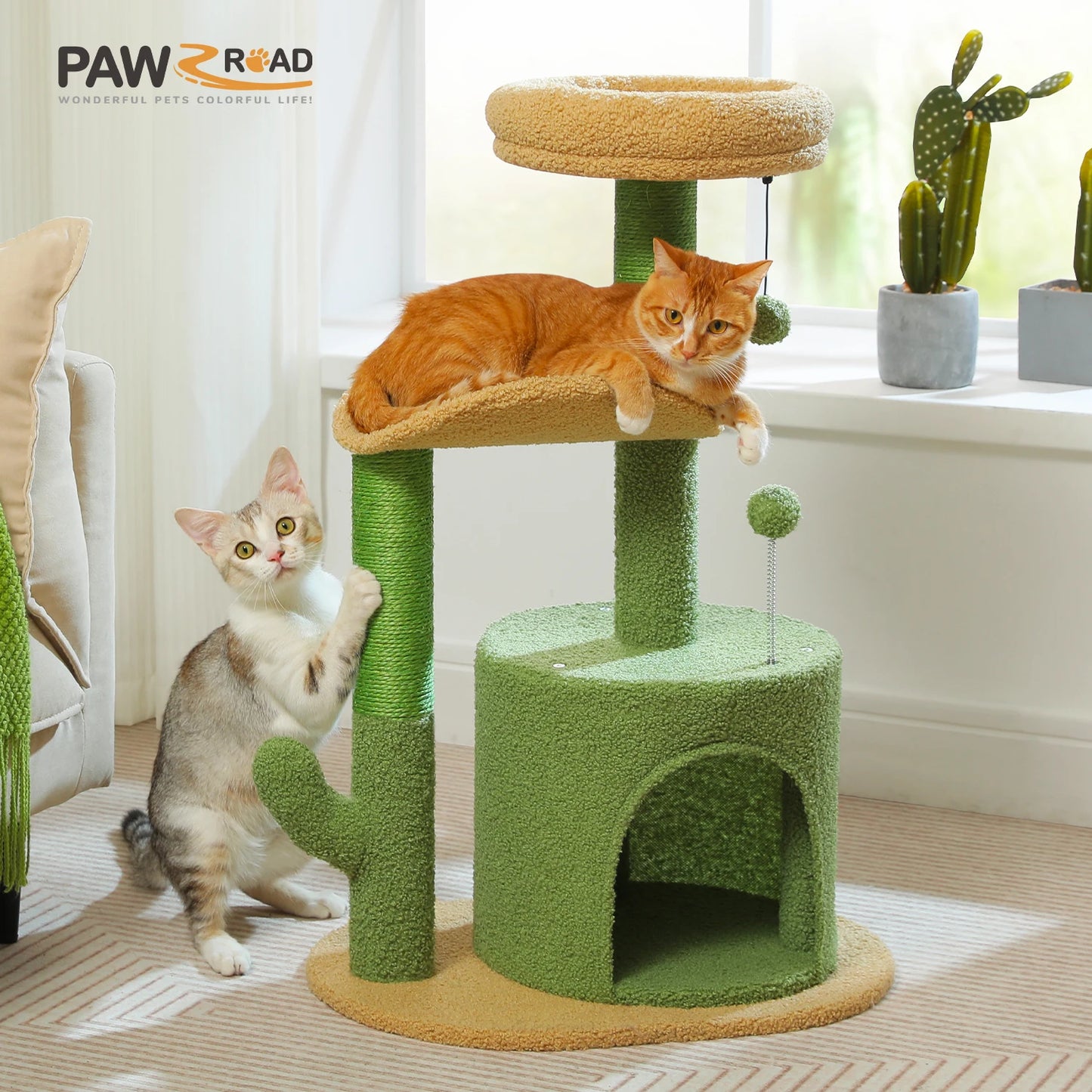 Cactus Cat Tree with Curved Perch Cozy Condo and Scratching Post for Indoor Cats