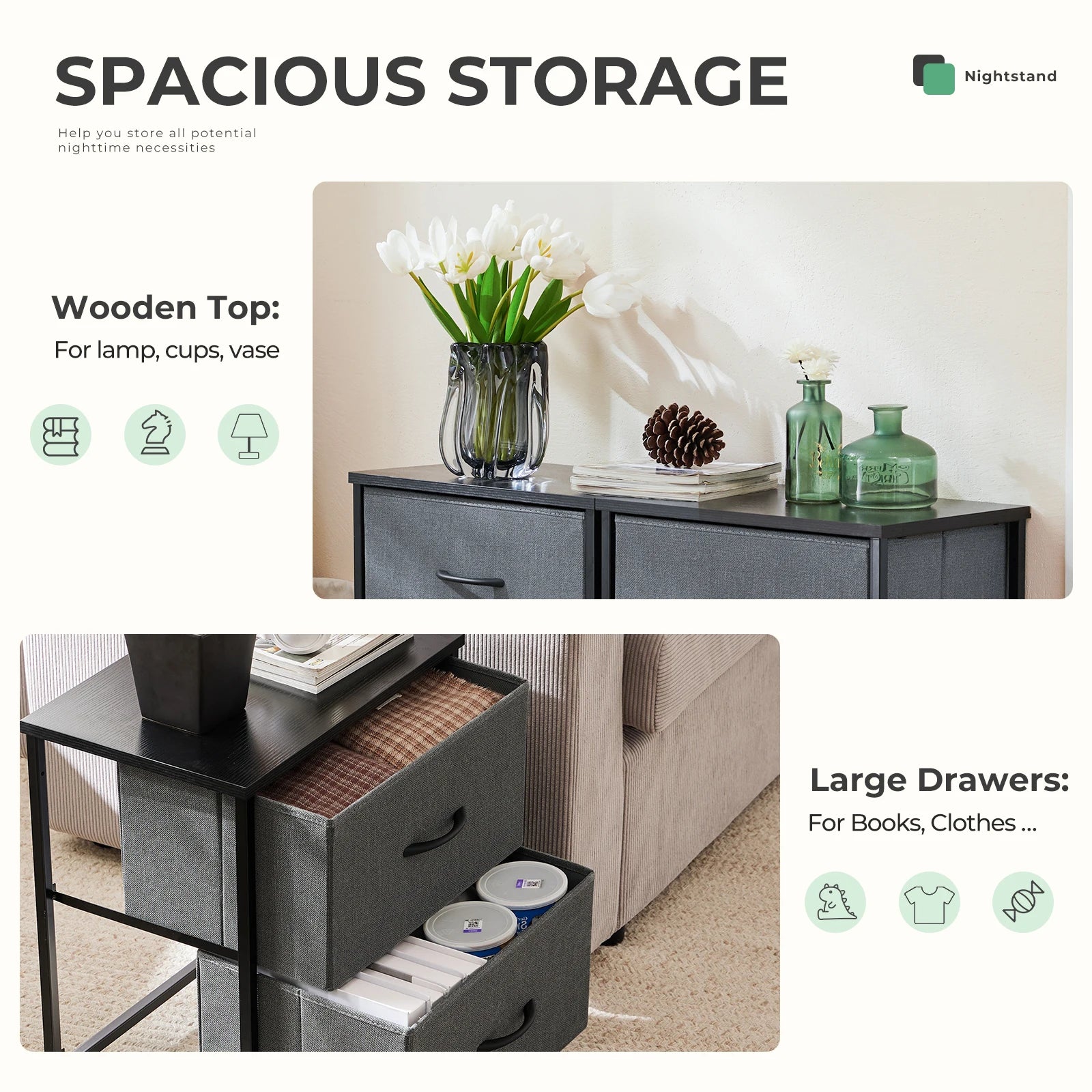 JHK Cabinet For Living Room With 2 Fabric Drawers Beside Nightstand Tables Storage Closet Chest Clothes Display Of Furniture - Loving Babies & Pets Shop