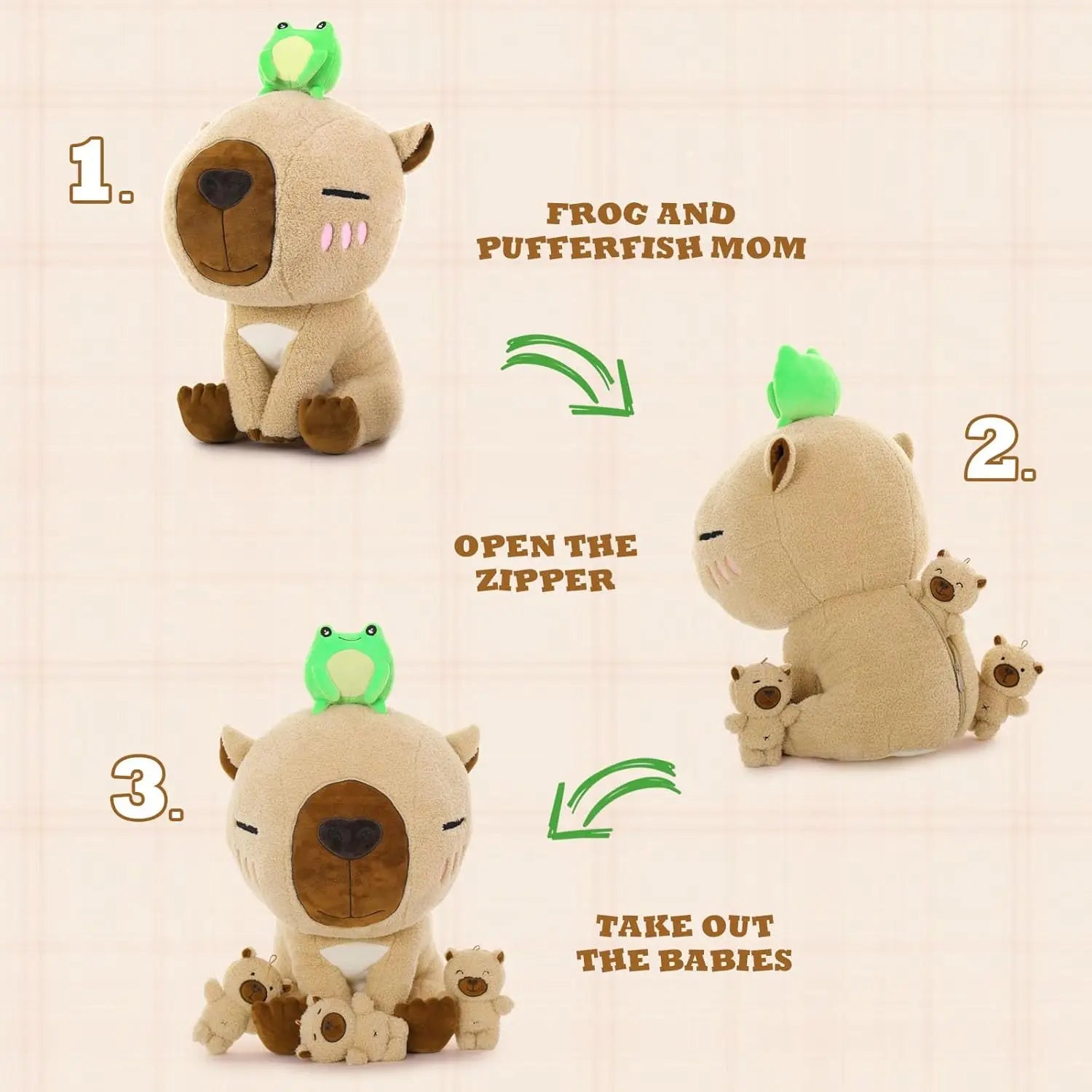 MaoGoLan Capybara Stuffed Animal, 21.6'' Big Mommy Capybara Plush Toy with 3 Baby Stuffed Capybara 1 Frog Plush Toy - Loving Babies & Pets Shop