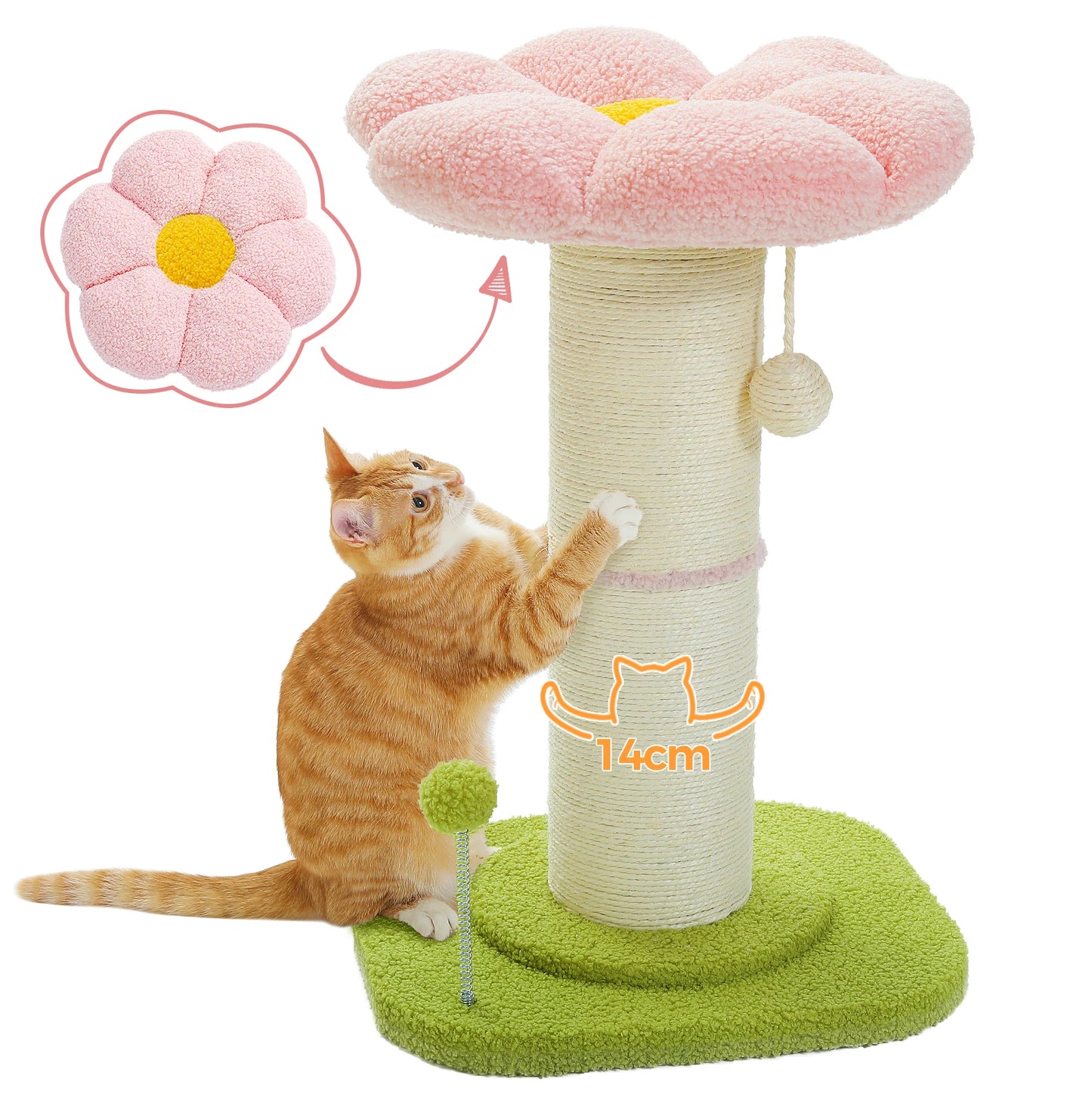 Flower Small Cat Tree Cat Scratching Post for Indoor with Super Thick Natural Sisal Post Pink Stable Removable Perch Mat Balls