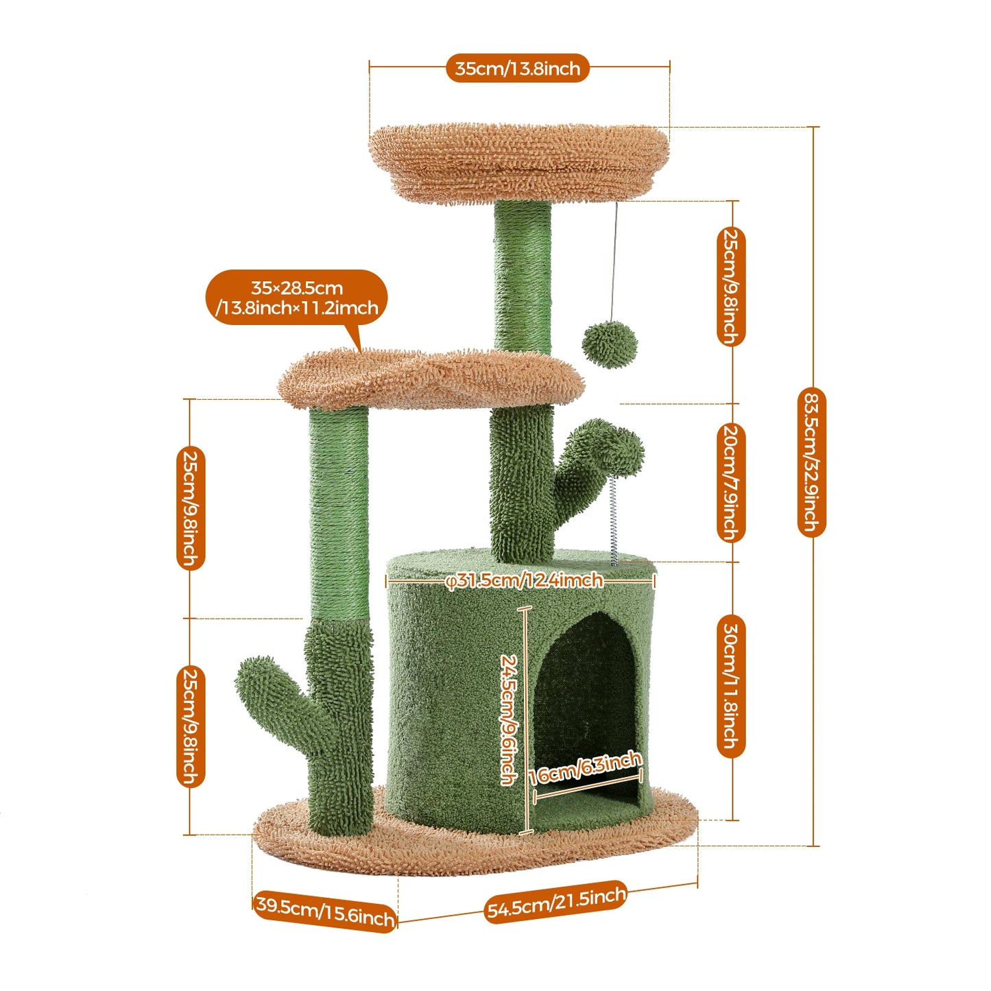 Cactus Cat Tree with Curved Perch Cozy Condo and Scratching Post for Indoor Cats