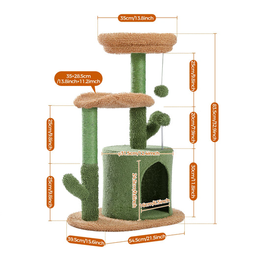 Cactus Cat Tree with Curved Perch Cozy Condo and Scratching Post for Indoor Cats
