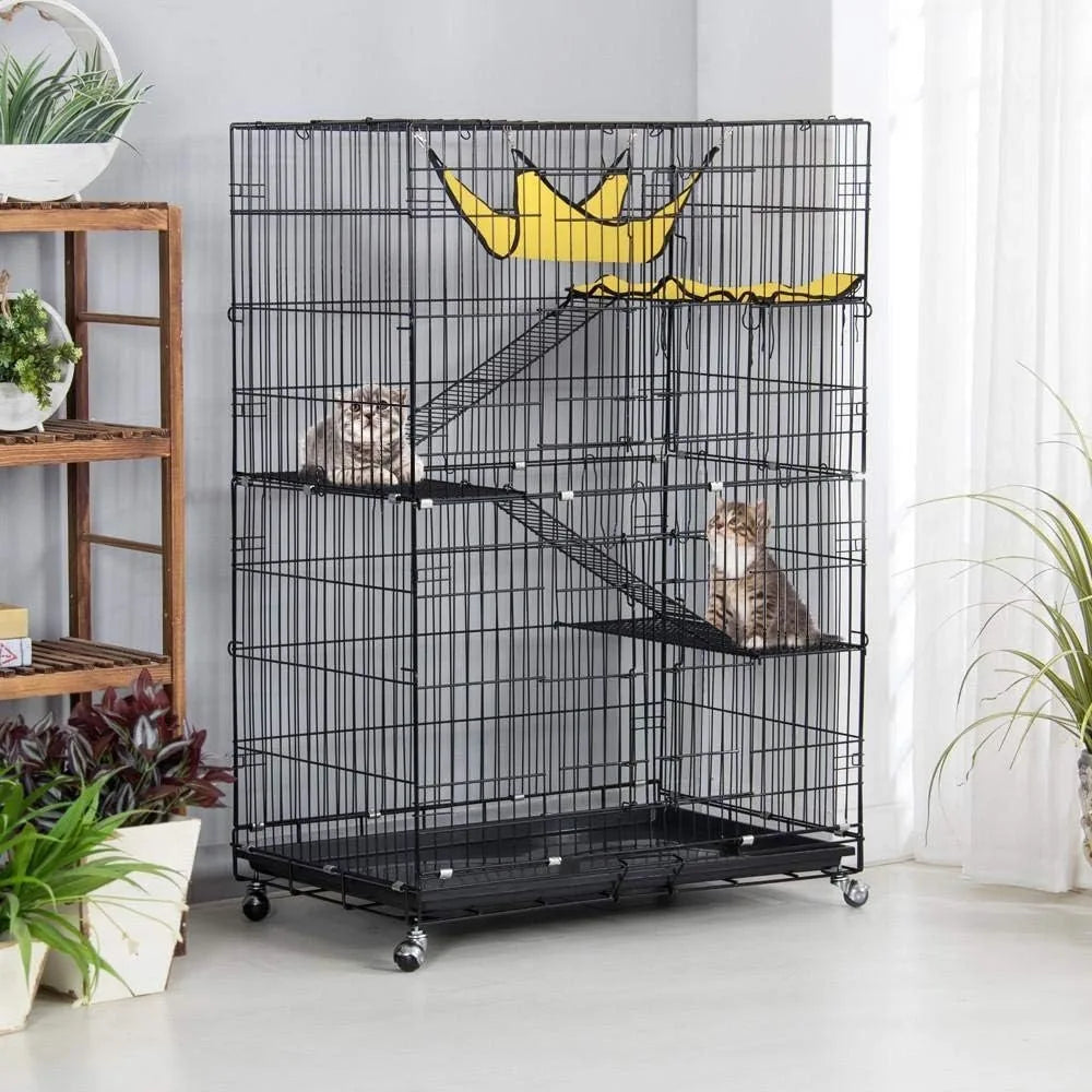 Purrfect Pet 4-Tier Foldable Cat Home Cage – Spacious Design with Leopard Hammock Bed