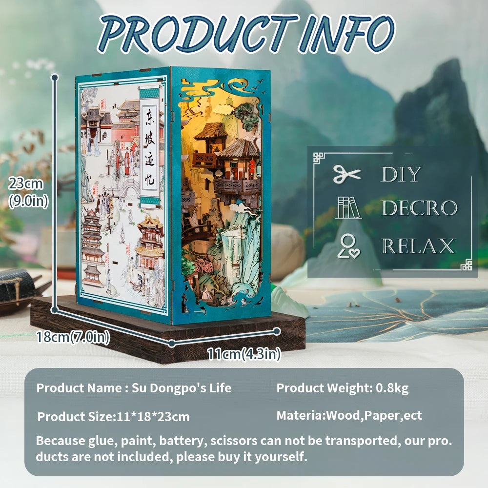 CUTEBEE Antiquity Book Nook Chinese Style Doll House Kit with Touch Light Dust Cover Bookshelf Insert Toy Su Dongpo's Life - Loving Babies & Pets Shop