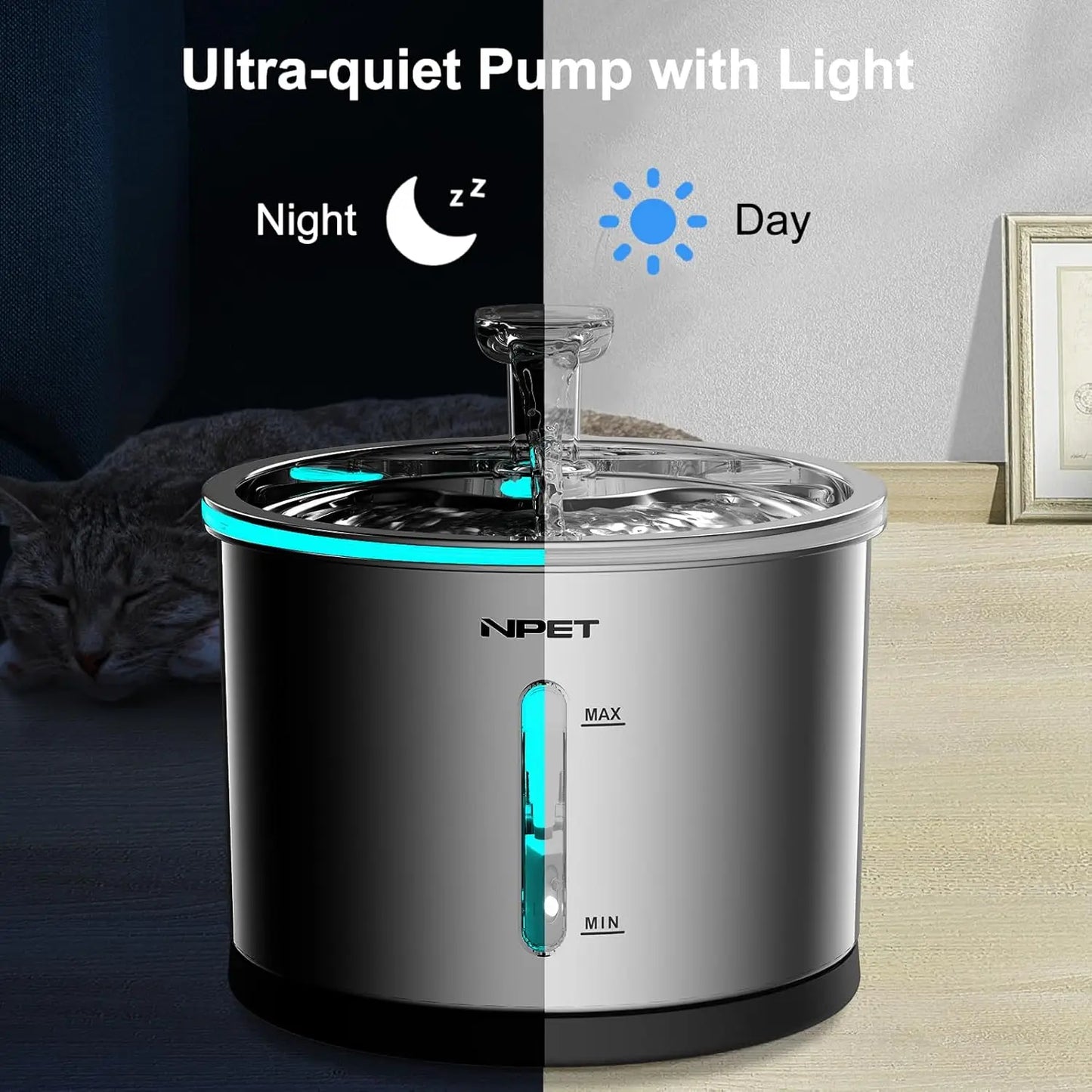 NPET Cat Water Fountain Stainless Steel, 50oz/1.5L Dishwasher Safe Pet Water Fountain with Visible Window Light for Cats - Loving Babies & Pets Shop
