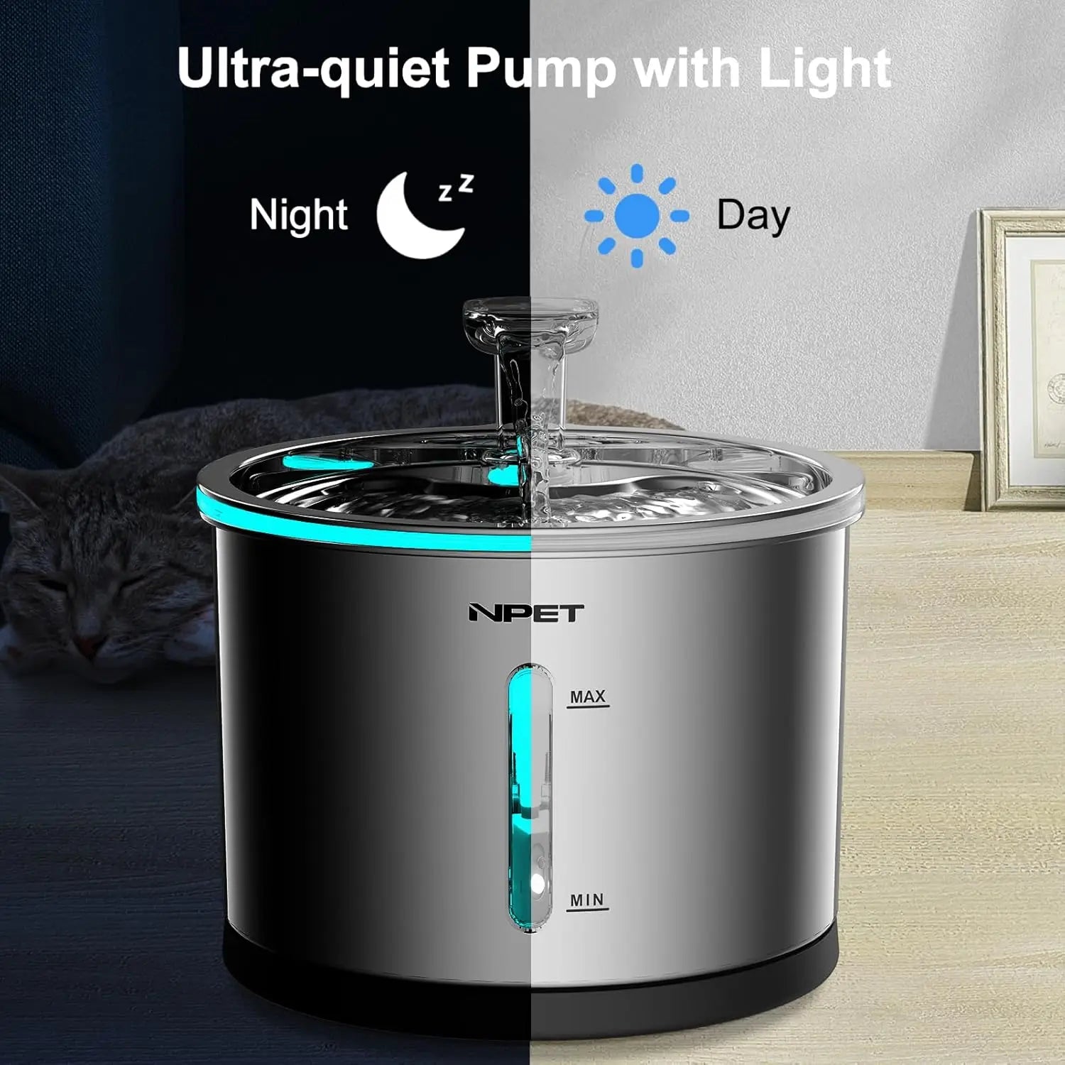 NPET Cat Water Fountain Stainless Steel, 50oz/1.5L Dishwasher Safe Pet Water Fountain with Visible Window Light for Cats - Loving Babies & Pets Shop