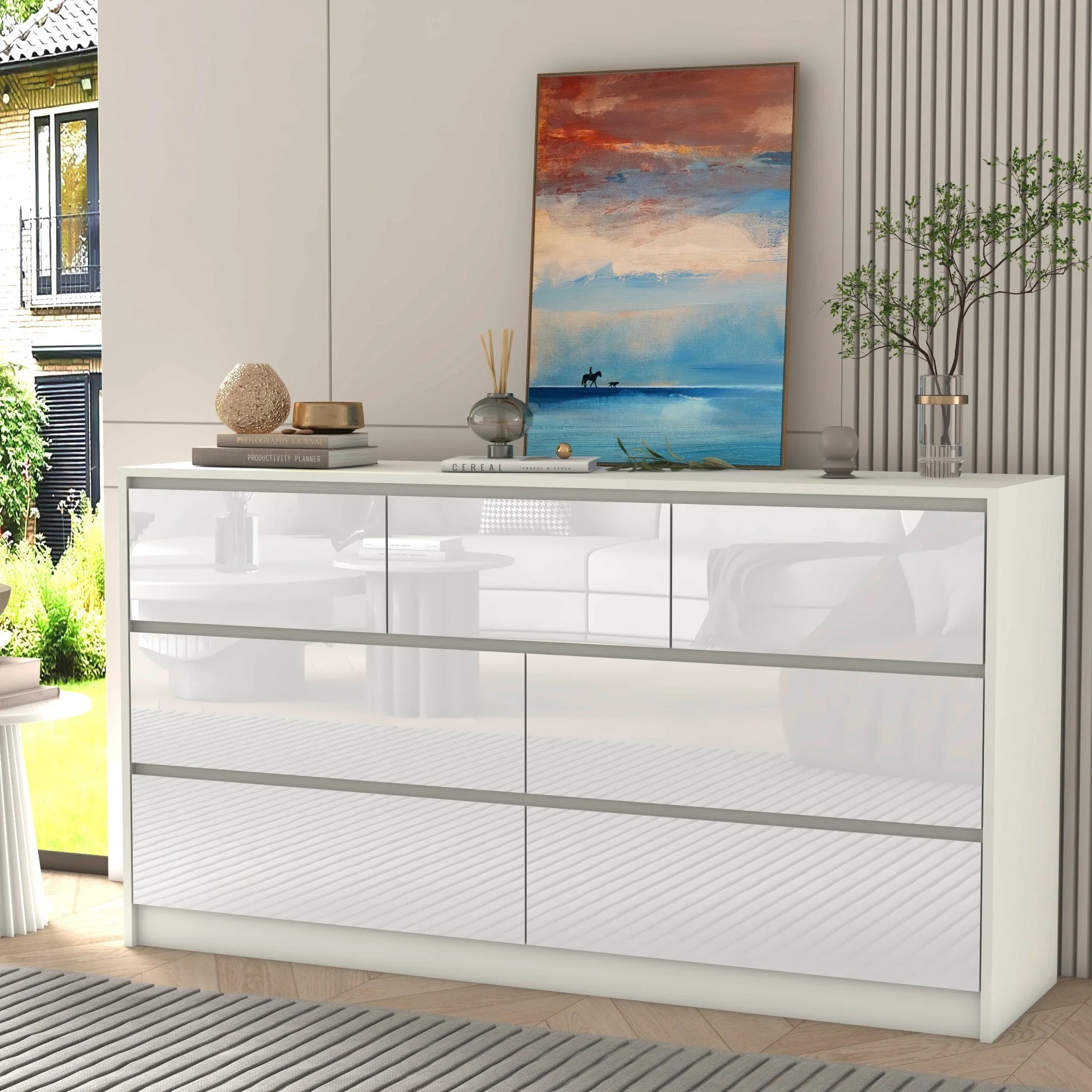7 Drawer Dresser for Bedroom, 55 Inch Modern Dresser with High Gloss Drawers, Large Wood Chest of Drawer, White/Black - Loving Babies & Pets Shop