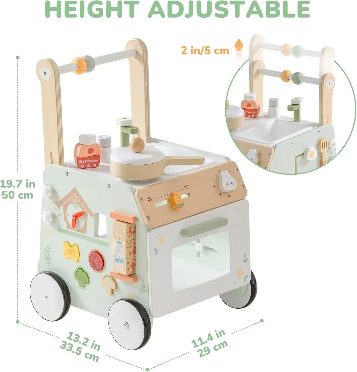 Robud Adjustable Height Wooden Baby Walker Push Toy for Early Learning and Fun Steps