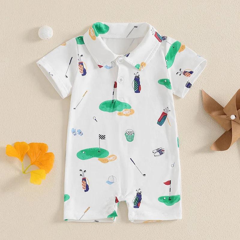 Unisex Infant Golf Romper with Half Button-up Lapel Neck and Short Sleeves for Boys and Girls