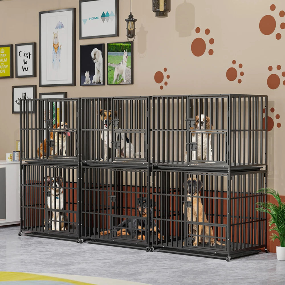 Oversized Stackable Dog Crate Heavy Duty Double Layer Dog Kennel Cage for Medium Large Dogs with Removable Tray Lockable Wheels - Loving Babies & Pets Shop
