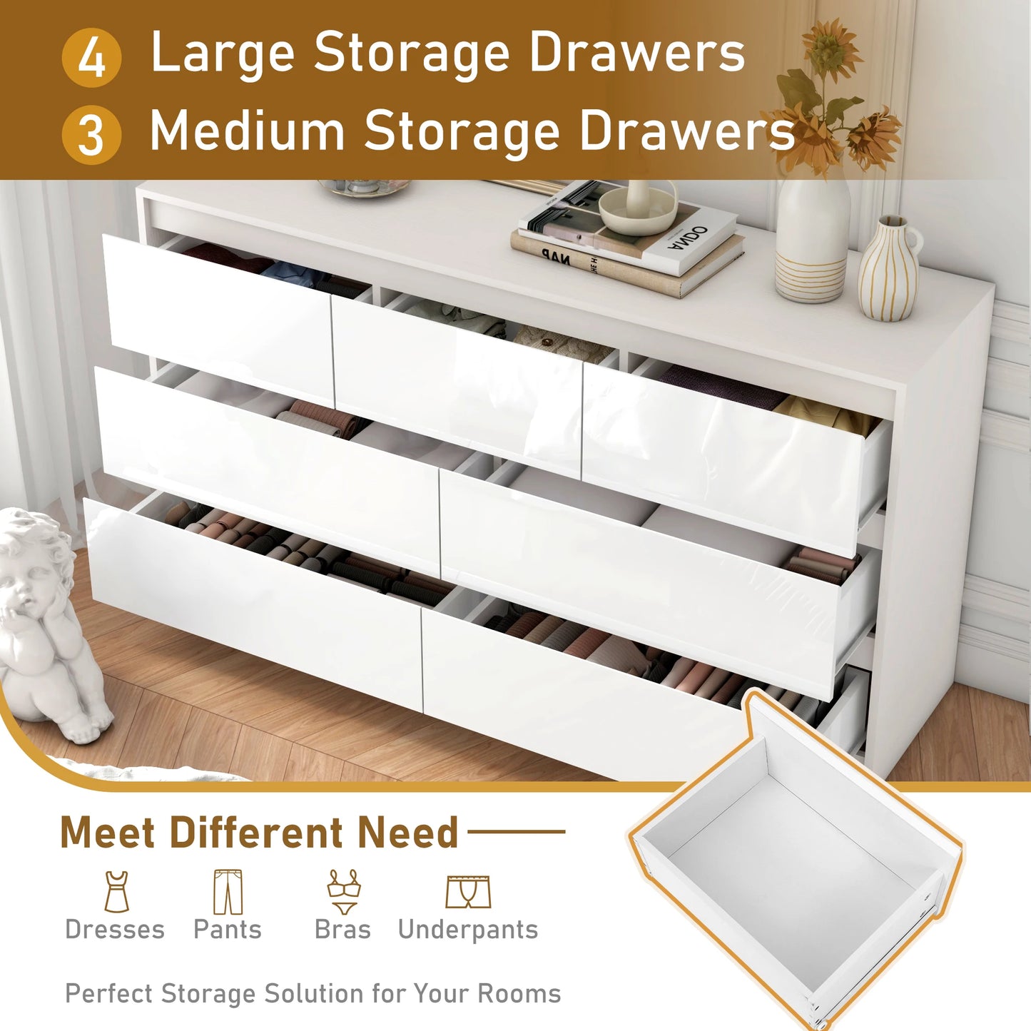 7 Drawer Dresser for Bedroom, 55 Inch Modern Dresser with High Gloss Drawers, Large Wood Chest of Drawer, White/Black - Loving Babies & Pets Shop