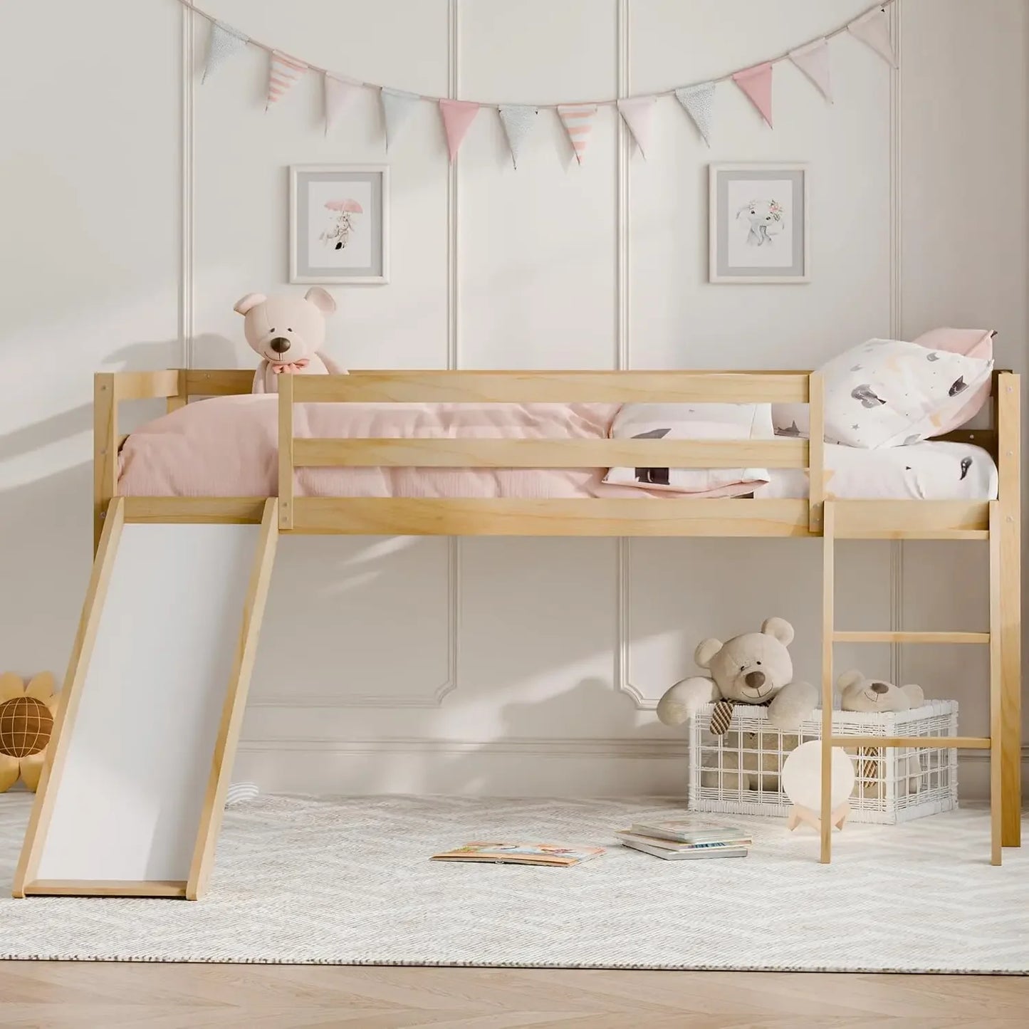 Toddler Loft Bed with Slide Climbing Ladder Safety Guard Rail and Lower Storage Space