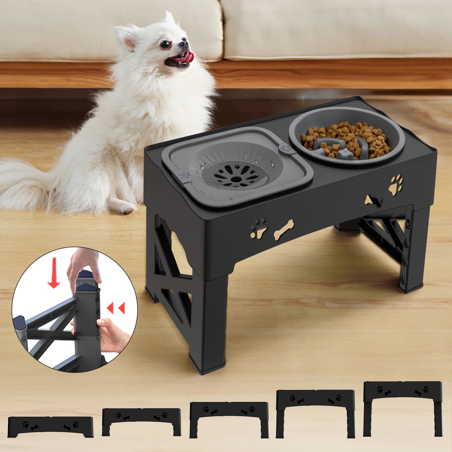 3 In 1 Pet Feeder Slow Feed Bowls Double Bowls Foldable With 5 Adjustable Height Suitable For Pets Of Different Heights - Loving Babies & Pets Shop