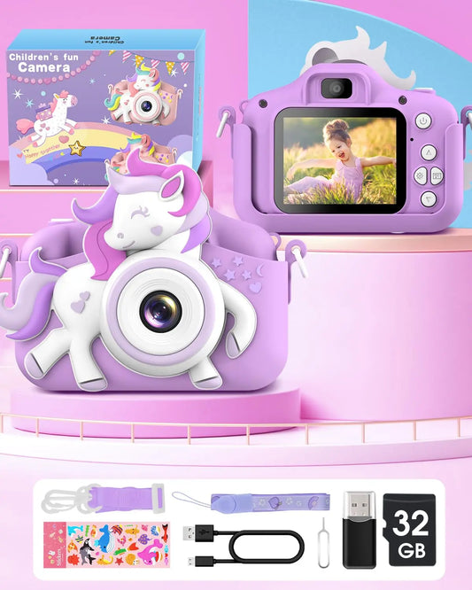 Kid's 2 Inch Cartoon Selfie Camera 20MP 1080P HD Digital Toy With 32GB Card For Girls And Boys