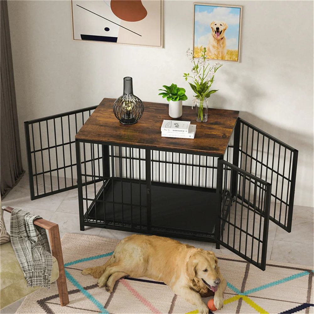 Large Wooden Dog Crate Indoor Furniture Style Elevated Pet Dog Cage Kennel End Table Lattice Playpen with 3 Doors Removable Tray - Loving Babies & Pets Shop