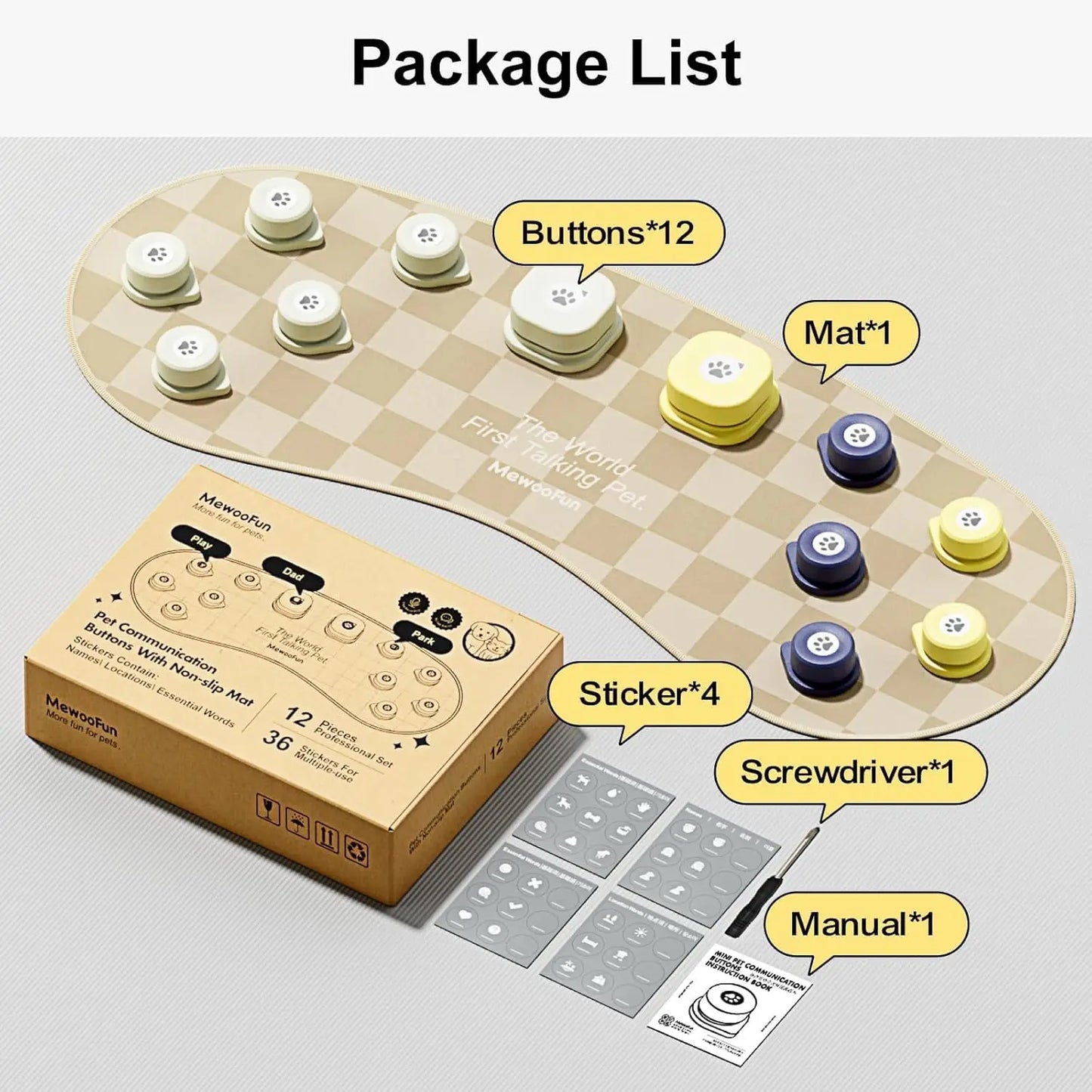 Mewoofun Dog Talking Button Set with Mat Communication Basic Get Started Kit Rechargeable Voice Recording Button 12 Packs