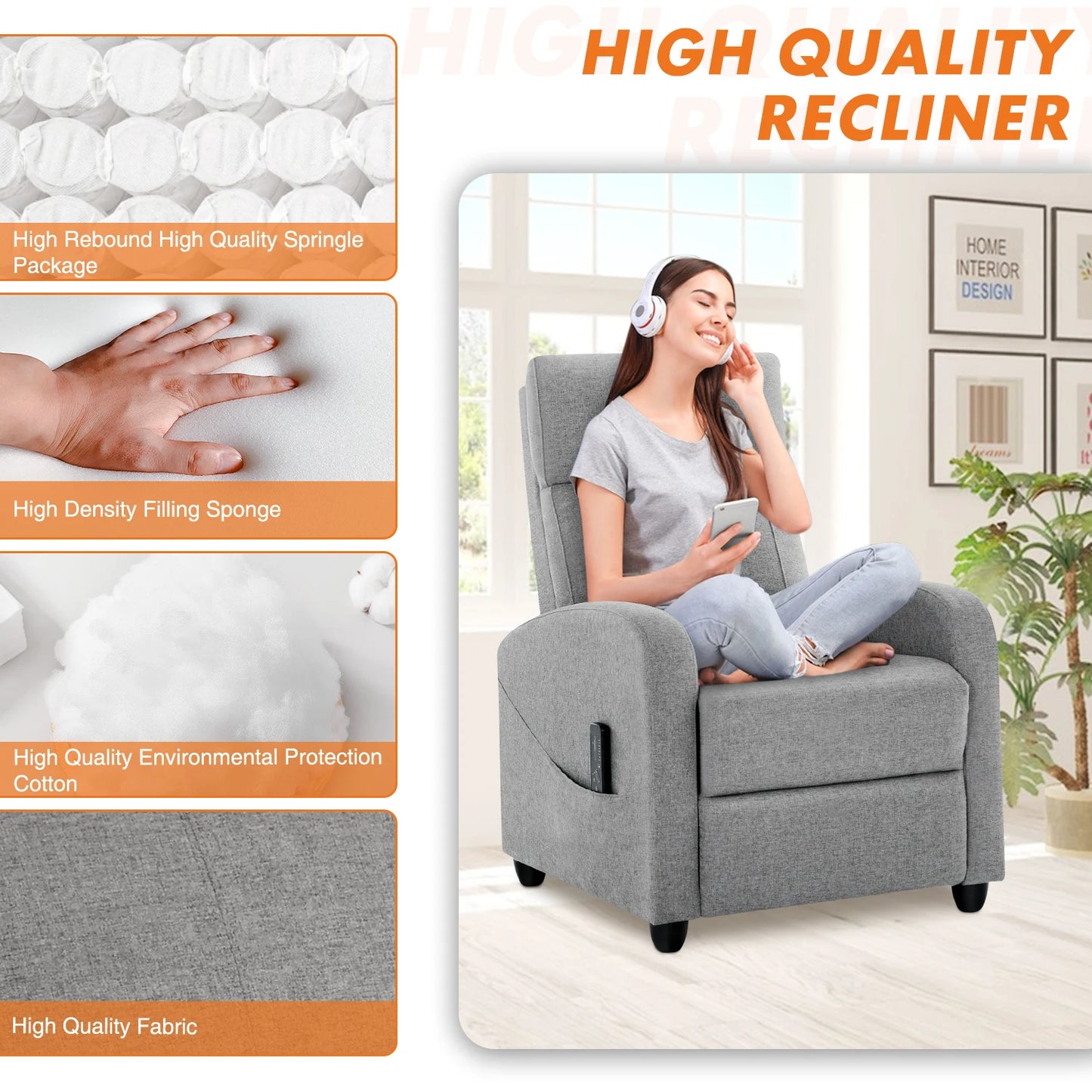 JHK Recliner Chair Massage Sofa Fabric Theater Lumbar Support Adjustable Modern Padded Seat Backrest Living Room Home Grey - Loving Babies & Pets Shop