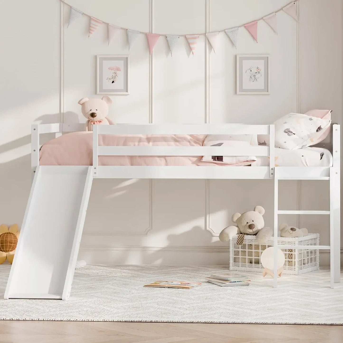 Toddler Loft Bed with Slide Climbing Ladder Safety Guard Rail and Lower Storage Space