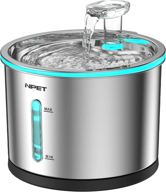 NPET Cat Water Fountain Stainless Steel, 50oz/1.5L Dishwasher Safe Pet Water Fountain with Visible Window Light for Cats - Loving Babies & Pets Shop
