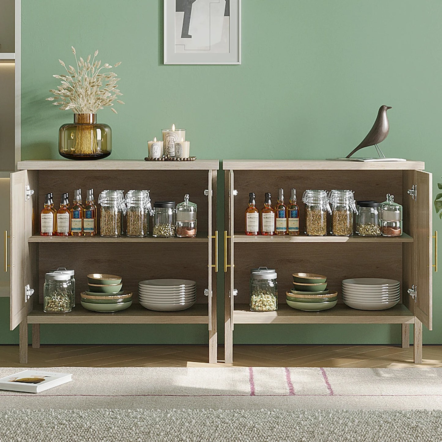 Rattan Storage Cabinet, Buffet Cabinet Sideboard with Rattan Decorated Doors, Cupboard for Hallway, Entry, Living Room - Loving Babies & Pets Shop