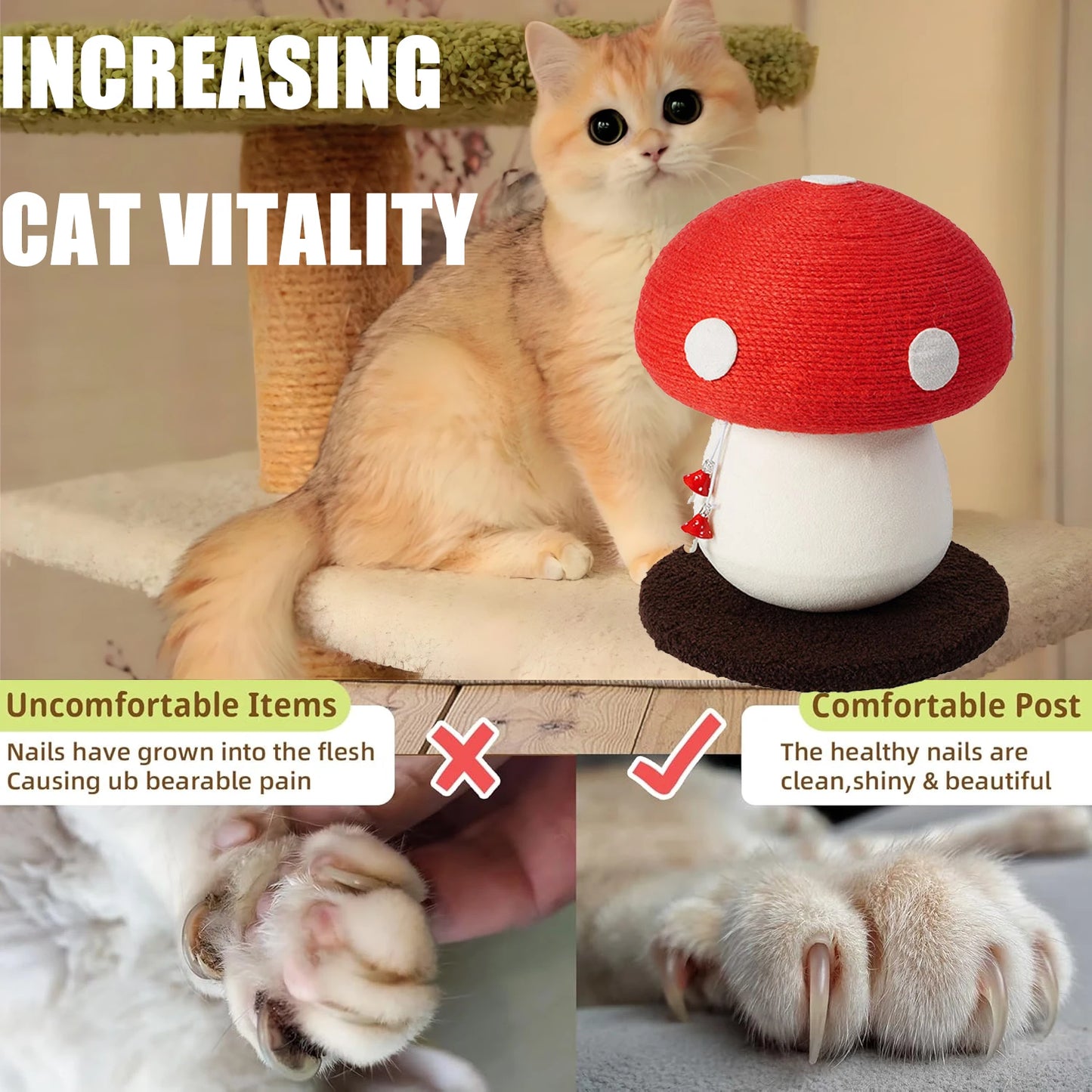 Red Mushroom-Shaped Sisal Cat Scratching Post |   Durable and Non-Falling |   Great for Paw Care and Furniture Protection |   Easy to Assemble |   Great for Cats!