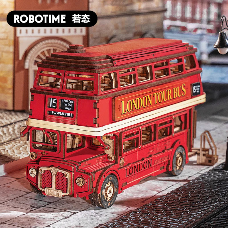Robotime Rolife London Tour Bus 3D Wooden Puzzle Building Kit Perfect Gift for Kids