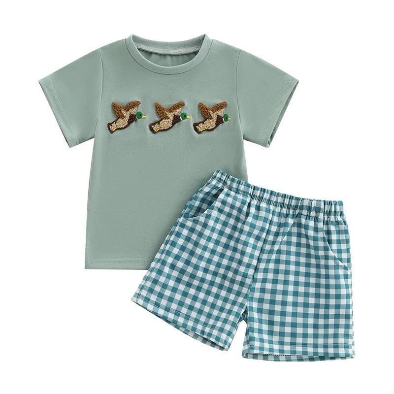 Infant Boy Animal Embroidery Tee and Stylish Plaid Shorts Summer Outfit Set