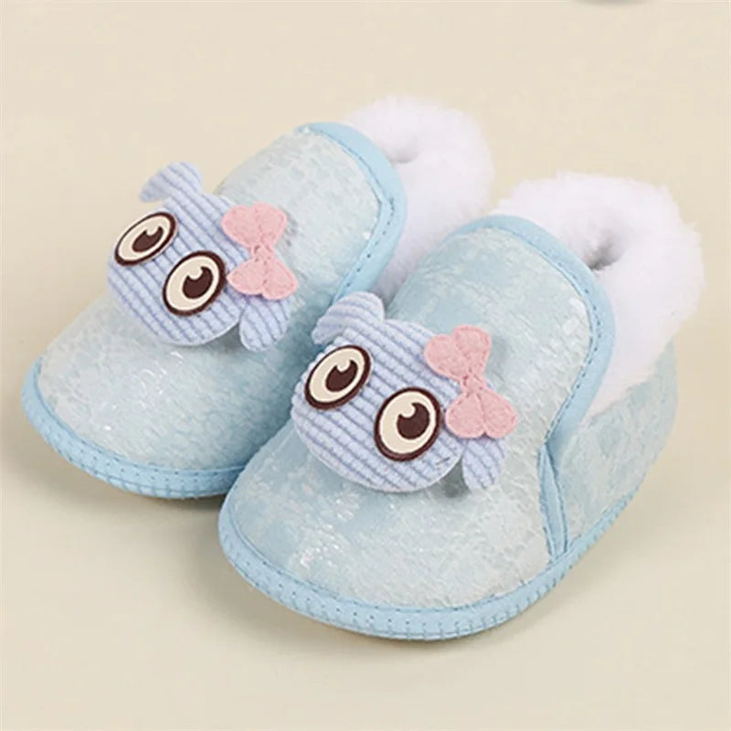 Adorable Baby Girls Plush Shoes with Cute Cartoon Design Big Eyes Warm Fleece Lining Non-Slip Sole for First Steps - Loving Babies & Pets Shop